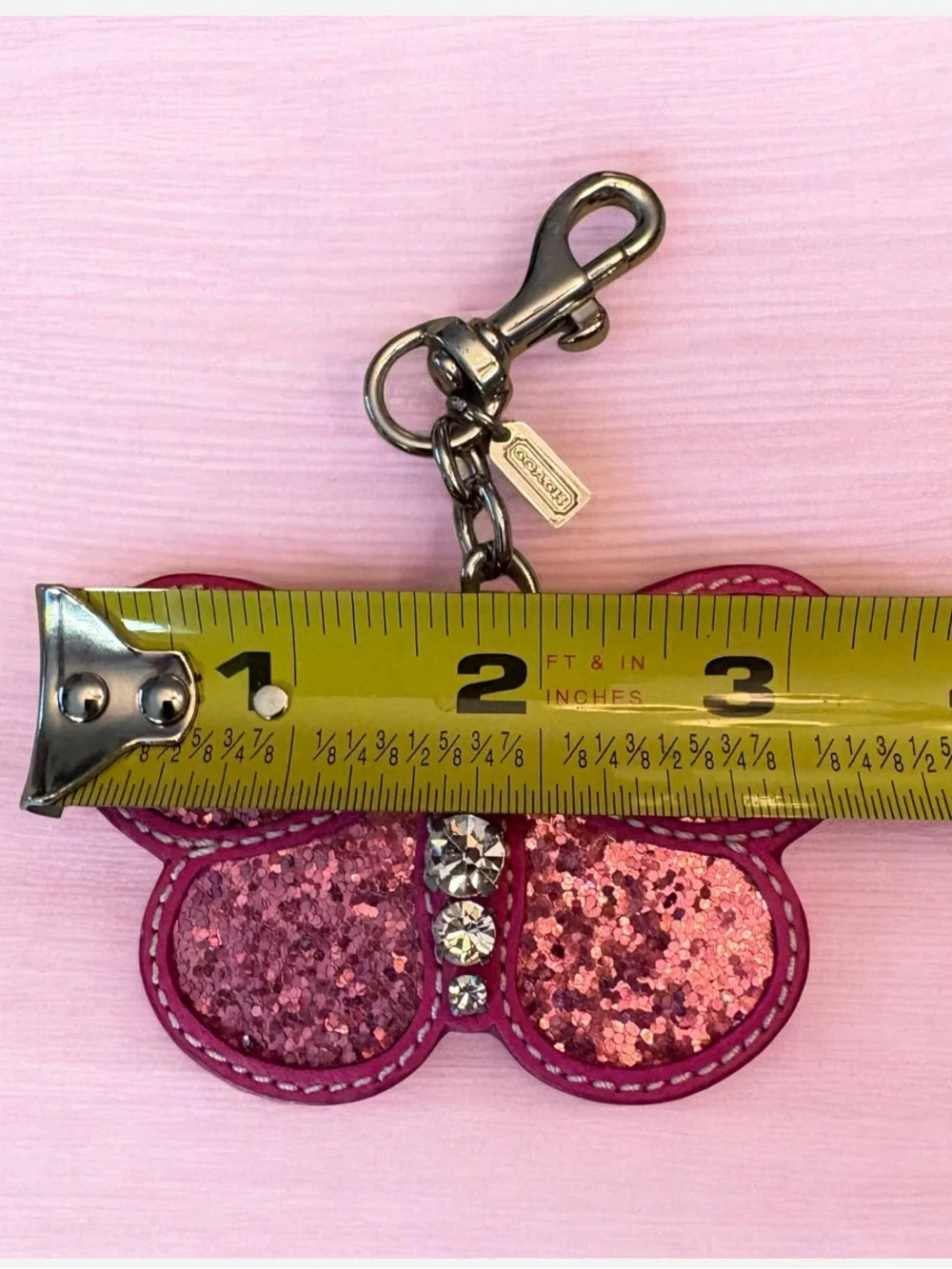 **RARE** Coach Pink Leather Glitter Butterfly Keychain Fob Bag Charm.